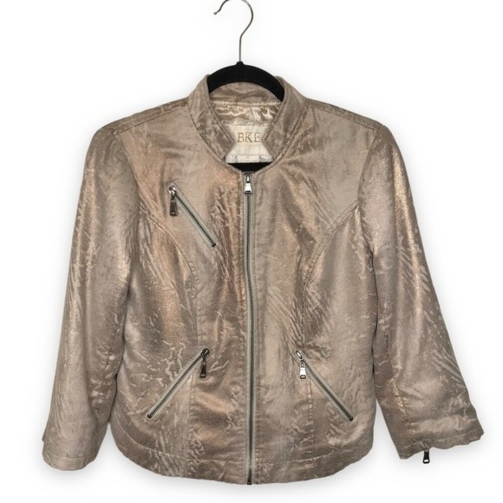 BKE Gold Metallic Faux Suede Moto Jacket Women Size Medium Motorcycle Crop